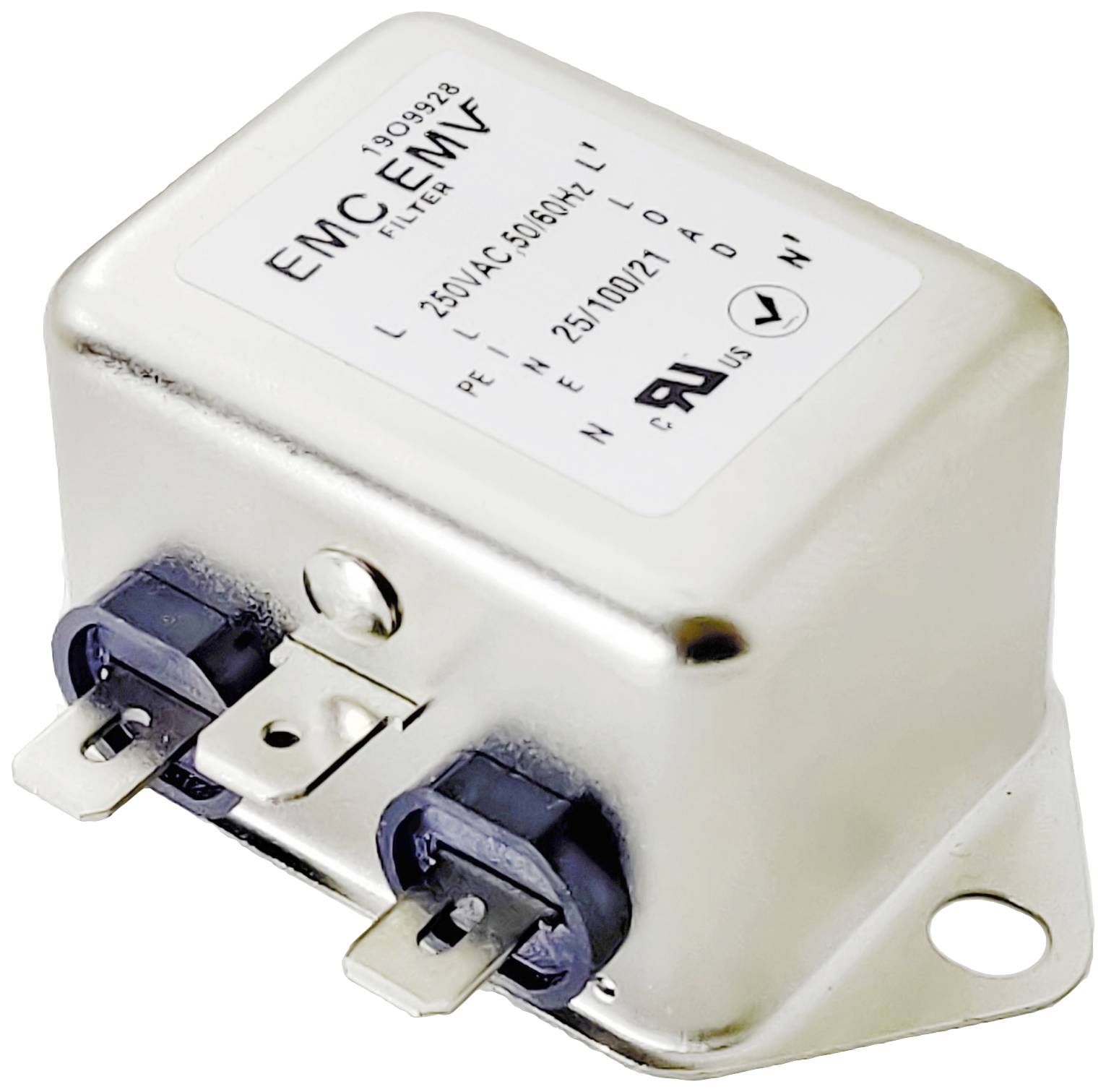 Metallic EMC filter with two terminals, labelled '250V AC, 50/60Hz'.