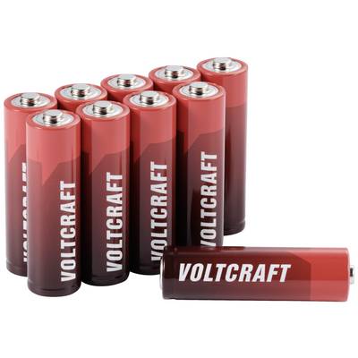 Ten red, cylindrical batteries with the inscription 'Voltcraft' are lined up next to each other, with one lying in front.
