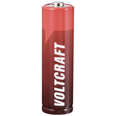 Red battery with 'VOLTCRAFT' printed on the side, cylindrical in shape, with a silver cap visible at the top.