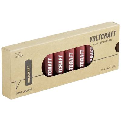 A pack of ten 'Voltcraft' alkaline AA batteries, 1.5V. Several red batteries are visible through a window in the packaging.