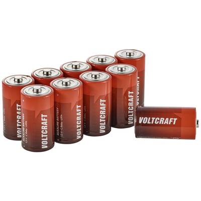 Ten red batteries with the label 'VOLTCRAFT'. One battery is positioned separately on the right, all are cylindrical in shape.