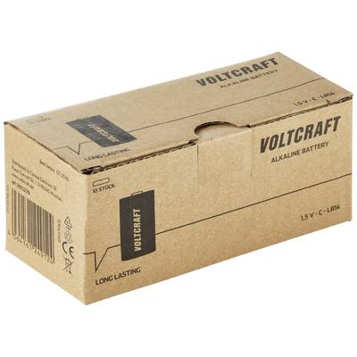 Packaging of a Voltcraft Alkaline Battery, 1.5V Type C, brown cardboard, brand name and specifications printed.