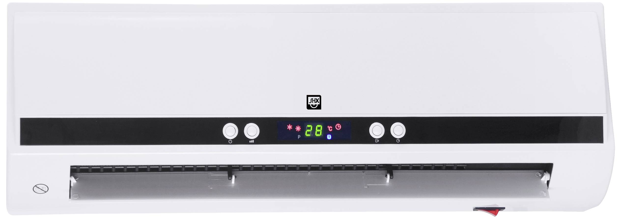 A white air conditioning unit with a digital display shows '28'. Three control buttons are visible. The device is for regulating room temperature.