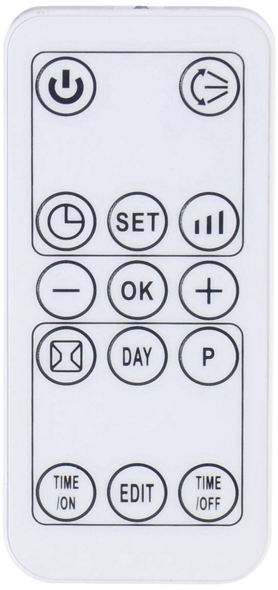 White remote control with buttons: On/Off, Menu, Time Settings, Day, Pause and Edit.