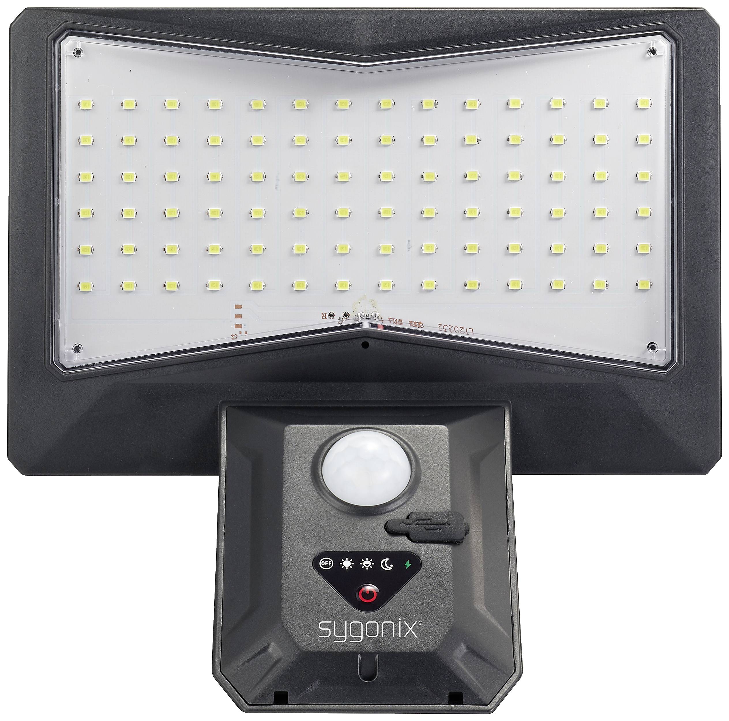 A rectangular LED outdoor floodlight with many small, visible LEDs. Below is a motion sensor above a control panel.