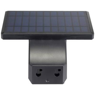 A black solar light with a rectangular solar panel and two slots on the underside, for outdoor applications.