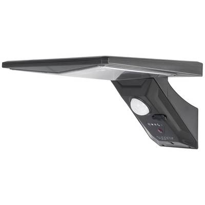 Grey, solar-powered LED wall light with motion sensor and square housing. Suitable for outdoor lighting.