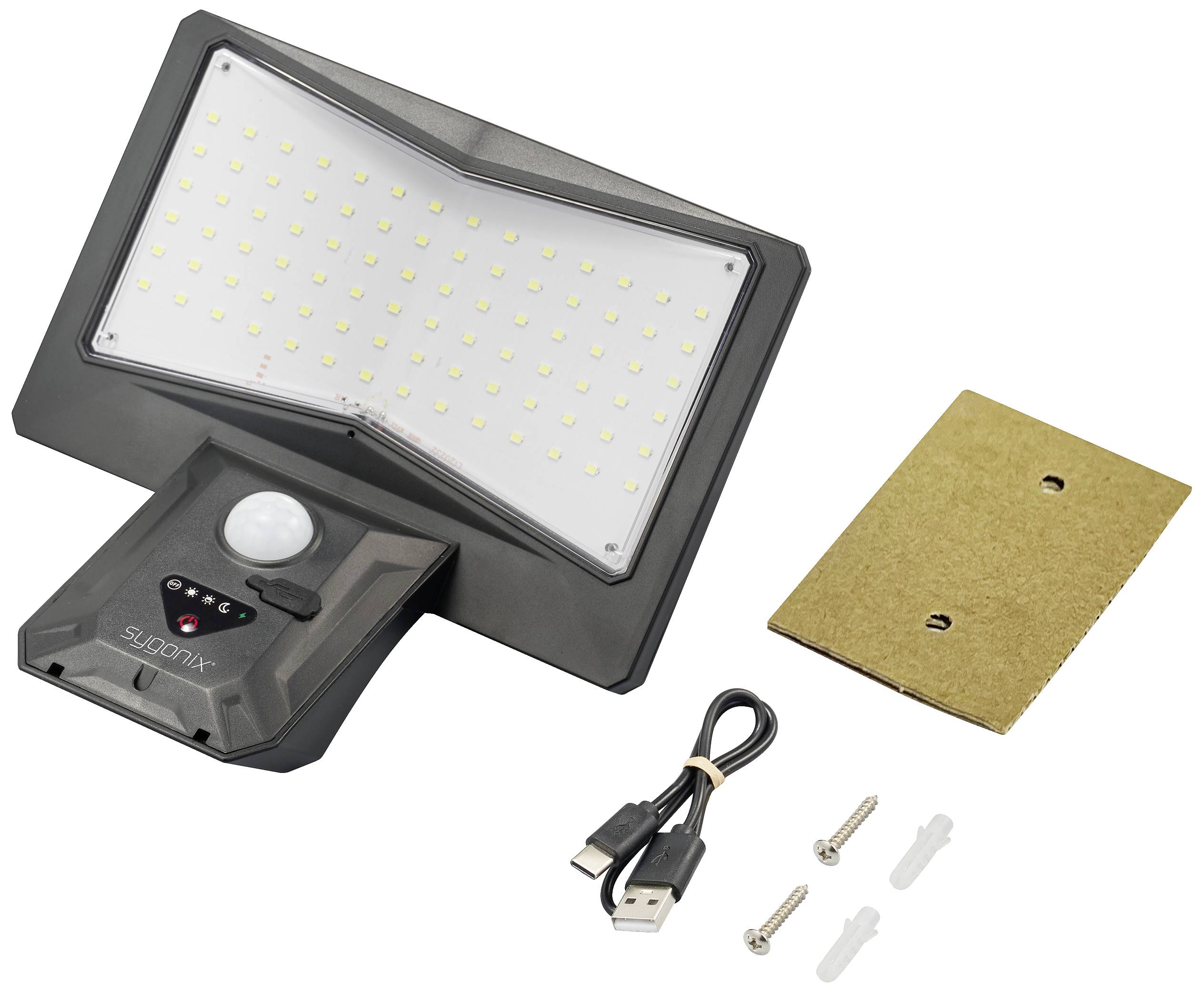 LED lamp with motion sensor, USB cable and mounting hardware. Ideal for wall installation for automatic lighting.
