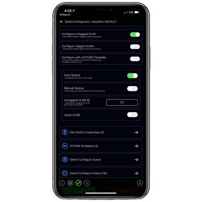 A smartphone displays the configuration page for network switches, with options for VLAN settings, automation, and login credentials.