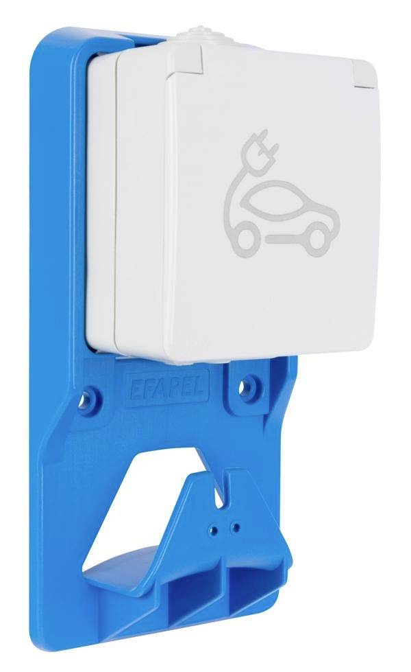 A white electric wall charger with a car symbol on it, mounted on a blue bracket.