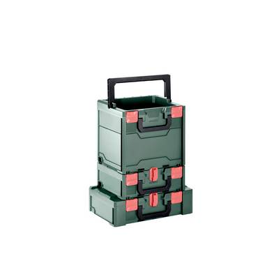 Three stackable green toolboxes with black handles and red latches.