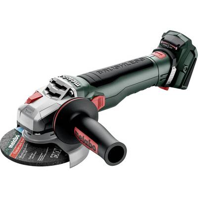 Cordless angle grinder with attached cutting disc, side handle, and battery pack on a white background.