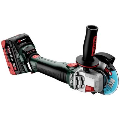 Battery-powered angle grinder with a black handle and red switch. Battery and grinding disc are visible. Suitable for construction work.