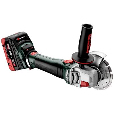 Cordless angle grinder with a green casing, black handle, and red battery. Tool brand and model number visible.