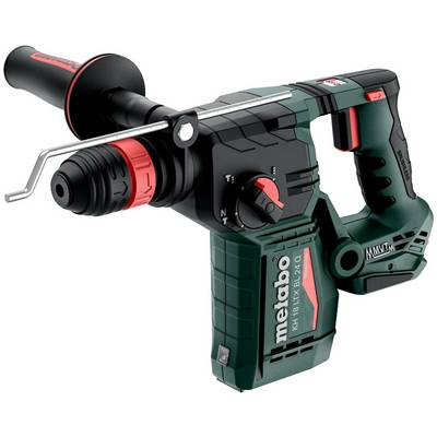 Cordless Metabo rotary hammer drill with side handle and battery pack, shown on a white background.