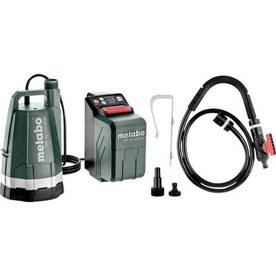 Metabo submersible pump kit with control unit, hose and adapters, shown as a product set.