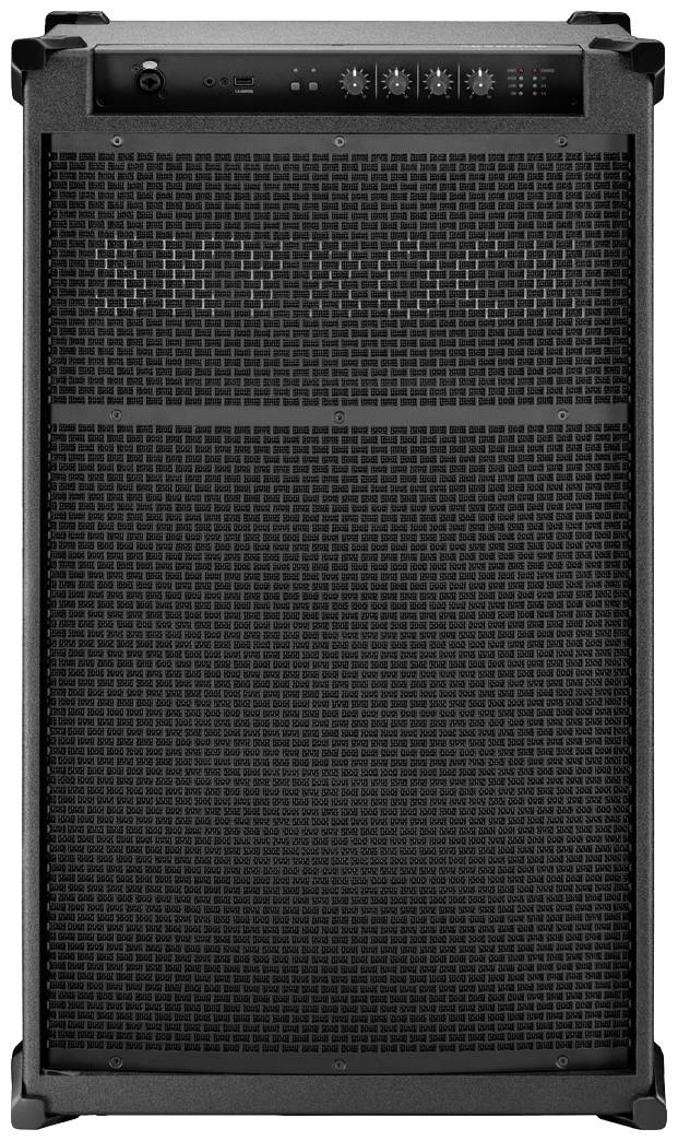 Black speaker with control panel on top, containing four rotary knobs and multiple LED indicators. Large grille speaker in the centre.