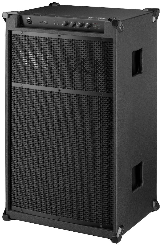 A large, black speaker cabinet with a front grille and control elements on top. Suitable for stage or studio use.
