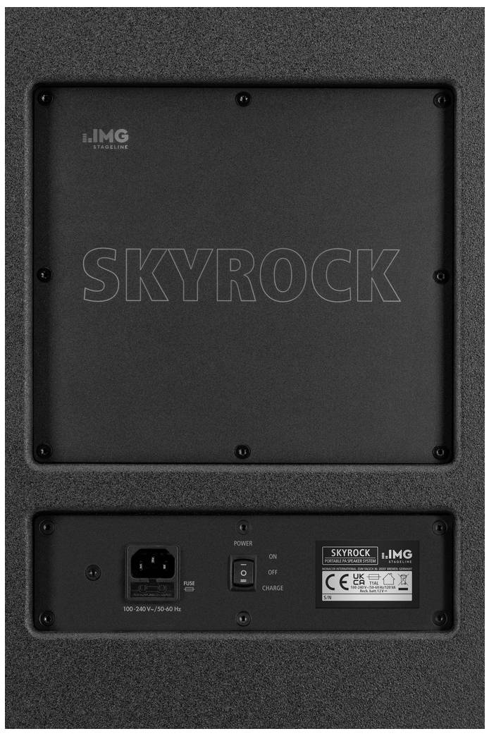 Back of a speaker with connections and labels. Contains 'SKYROCK', power connection, power on/off switch, and CE marking.