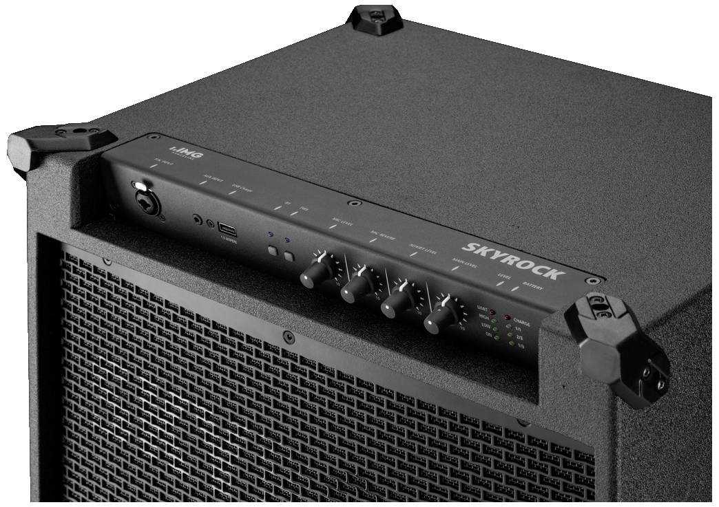 A black guitar amplifier with a front grille and four control knobs on the top panel. Top right reads 'SKYROCK'.