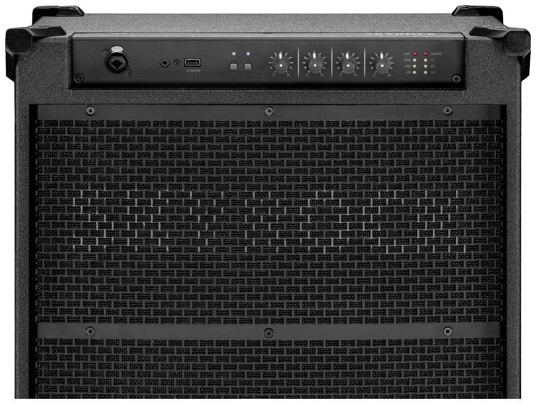 A black guitar amplifier with controls on the top, including an input, four knobs, and LED indicators for volume level.