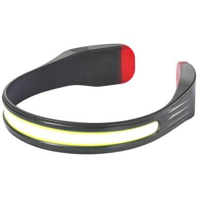 A black headband with a luminous white stripe on the front and a red element at the back, suitable for sports in low light conditions.