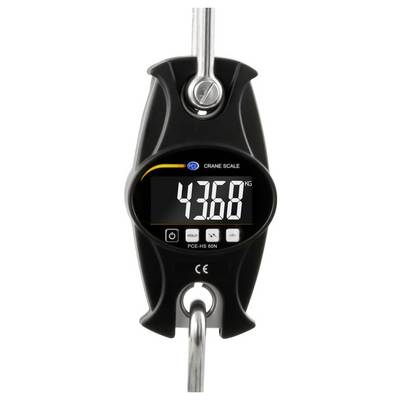 Digital crane scale display showing 4368 kg, with metal lifting hooks attached top and bottom.