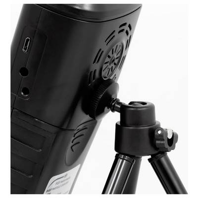 Close-up of a black device mounted on a tripod, showing its side port and adjustable tripod head against a white background.