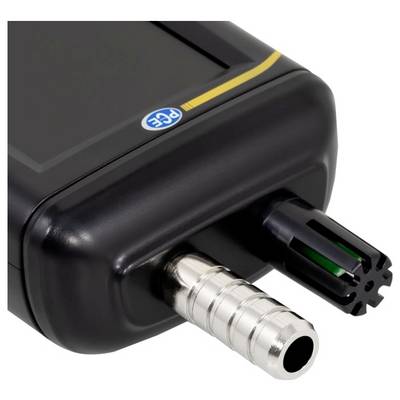 Close-up of a black industrial connector with a silver cylindrical plug and a black multi-slot connector on a white background.