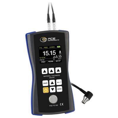 Handheld PCE material thickness gauge with probe cable, showing a digital reading of 15.15 mm on the screen.