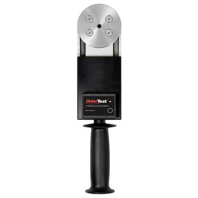 Handheld DriveTest measuring device with round metal sensor head, black body, and pistol grip, shown front view.<br>