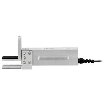 Close-up of a metal linear actuator or slide mechanism with a black cable attached, shown on a white background.