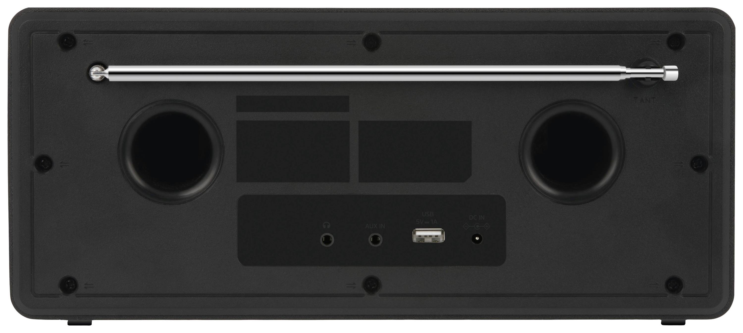 The rear of a speaker with two bass reflex ports and an antenna at the top; connections for USB and audio input at the bottom.