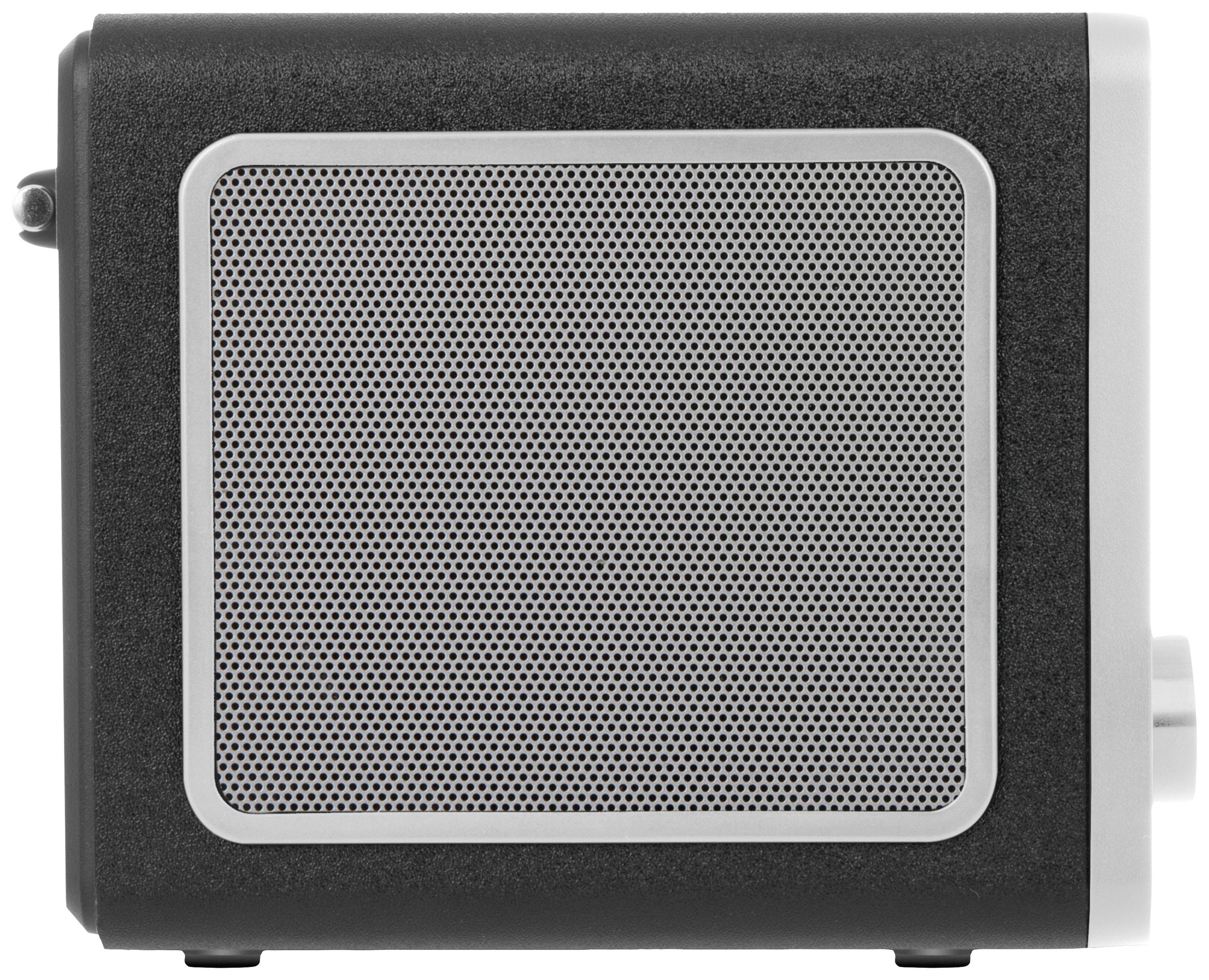 A rectangular black speaker with a silver speaker grille. The button on the side is visible.