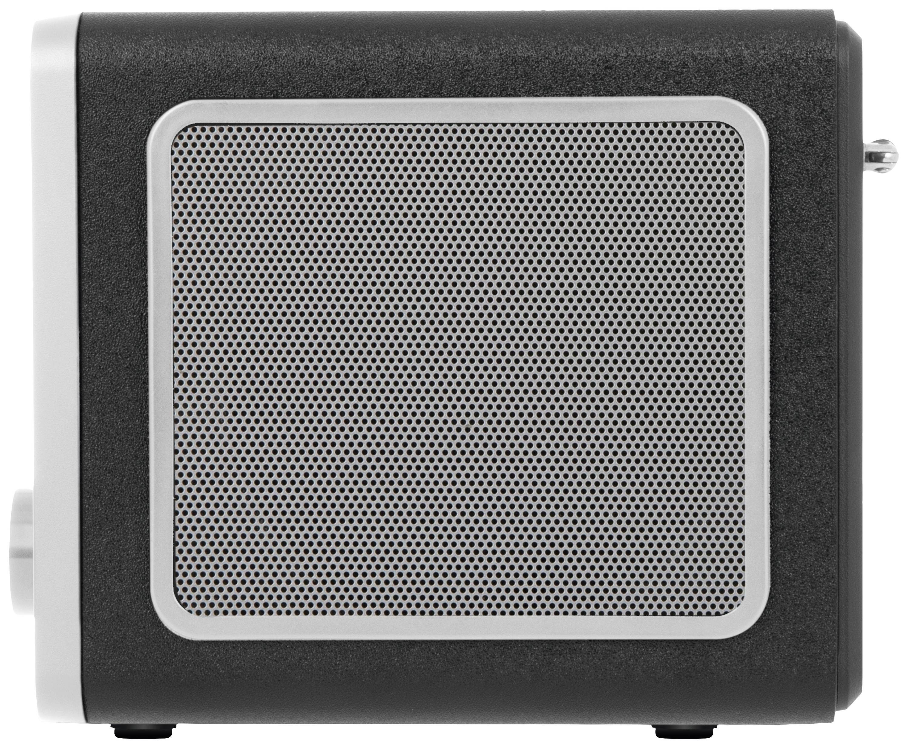 A black speaker with a silver grille and a rotary knob on the side, on a white background.