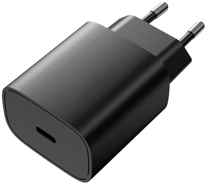 Black USB charger with two plugs, suitable for European power sockets.