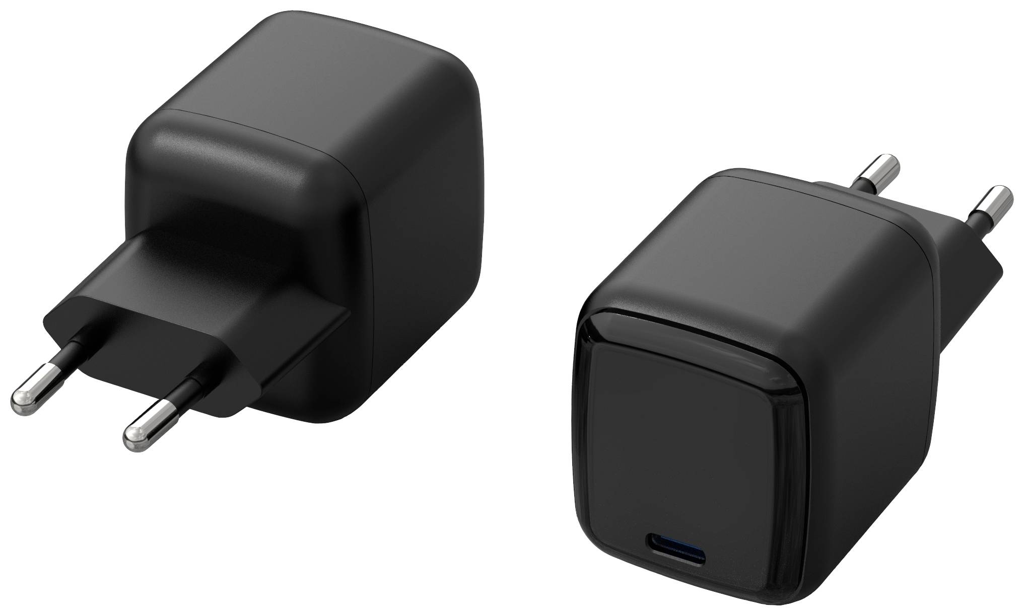 Black USB-C wall chargers with EU plug, one viewed from the front and one from the side, isolated on a white background.