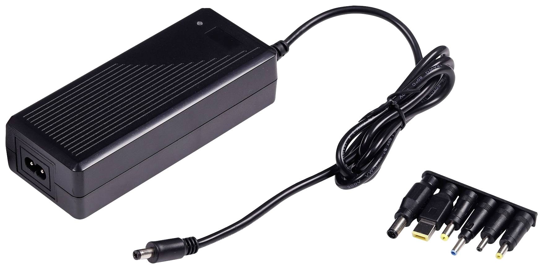 A black power adapter with multiple interchangeable plugs in different sizes, suitable for various devices.