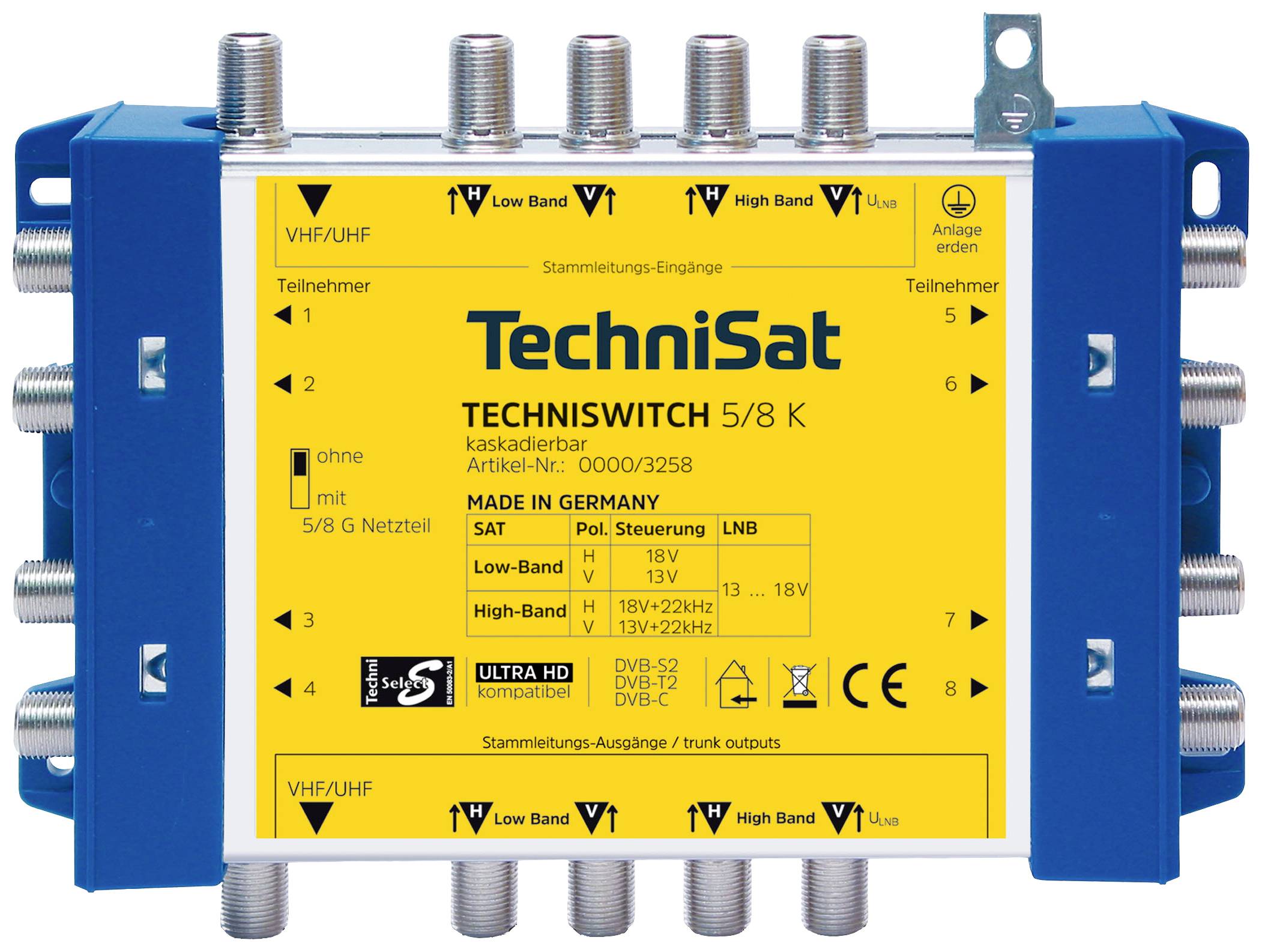 TechniSat Techniswitch 5/8 K, Kaskade SAT cascade multiswitch Inputs (multiswitches): 5 (4 SAT/1 terrestrial) No. of participants: 8