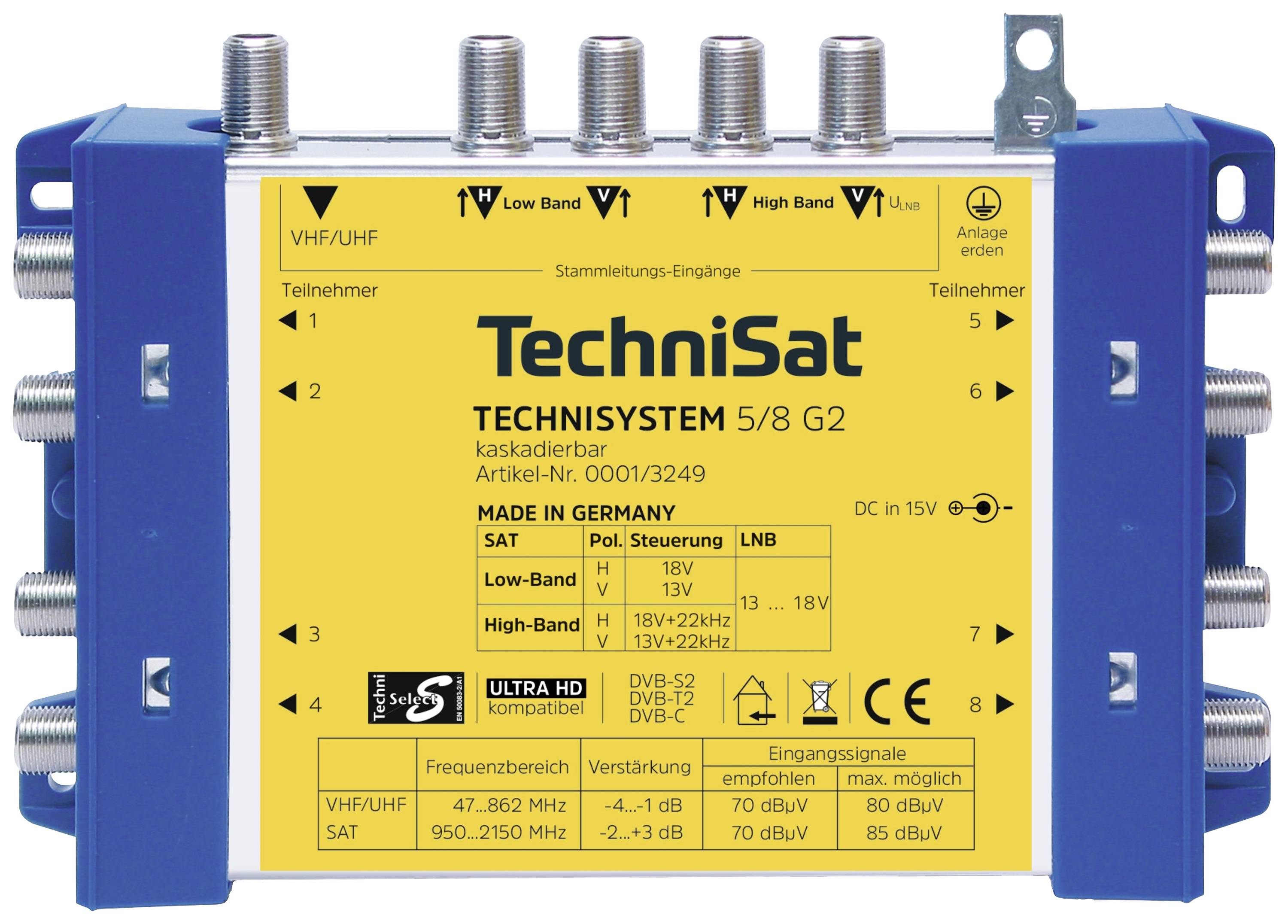 TechniSat Technisystem 5/8 G2, DC-NT SAT multiswitch Inputs (multiswitches): 5 (4 SAT/1 terrestrial) No. of participants: 8