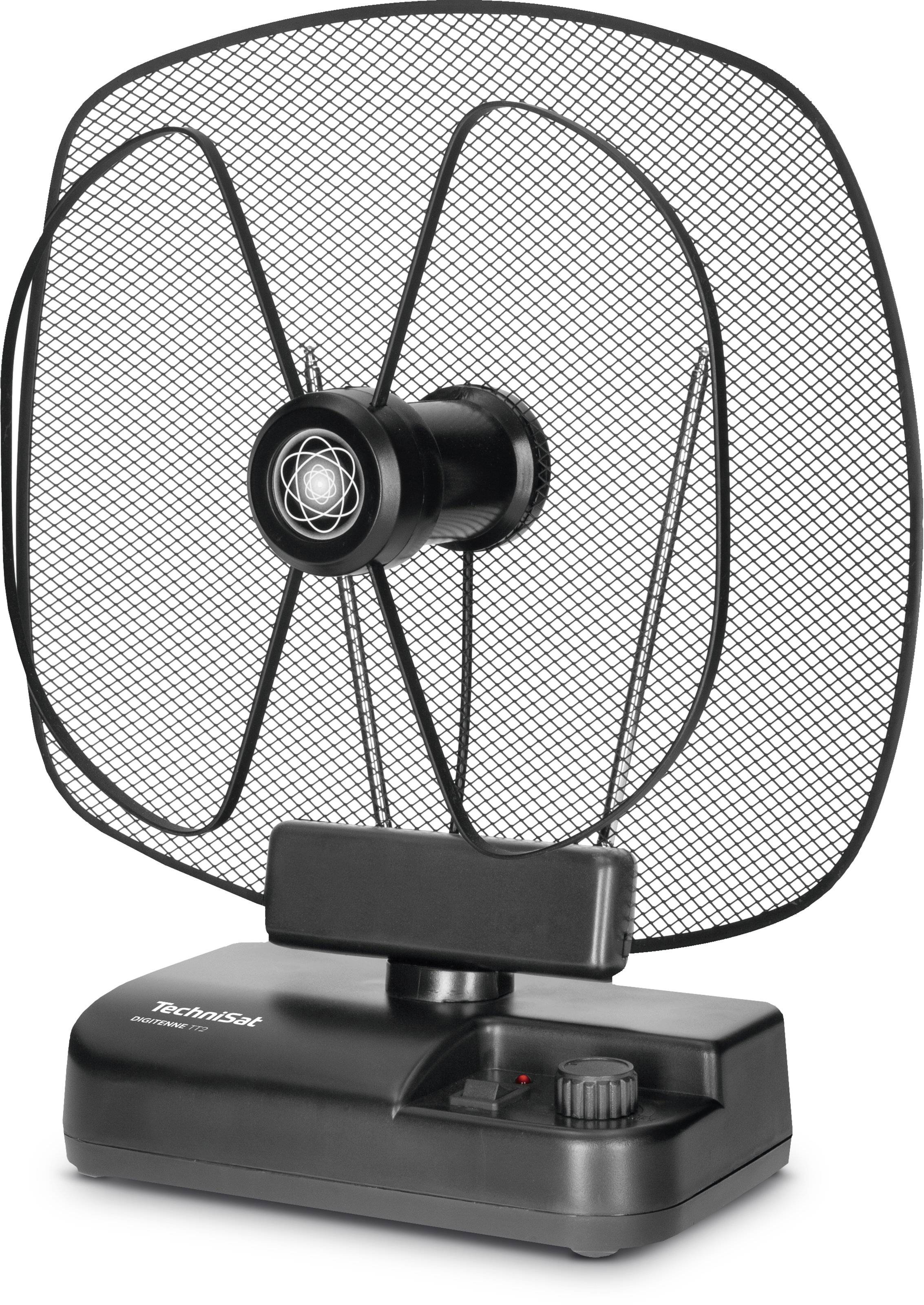 Black indoor TV aerial with modern design, metal grid, and adjustable stand. Suitable for receiving digital television signals.