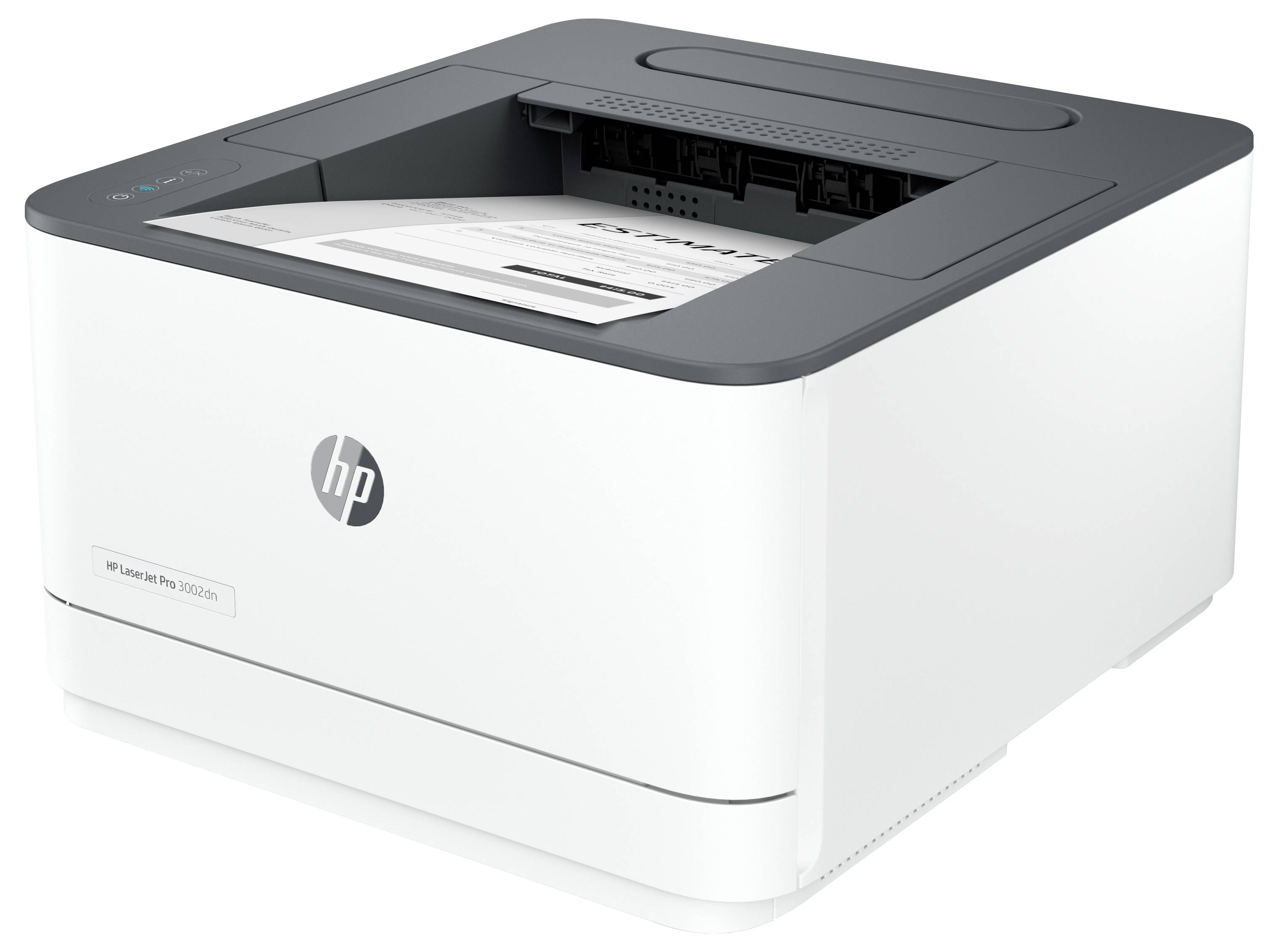 White HP LaserJet Pro printer with a sheet of paper loaded in the top tray.