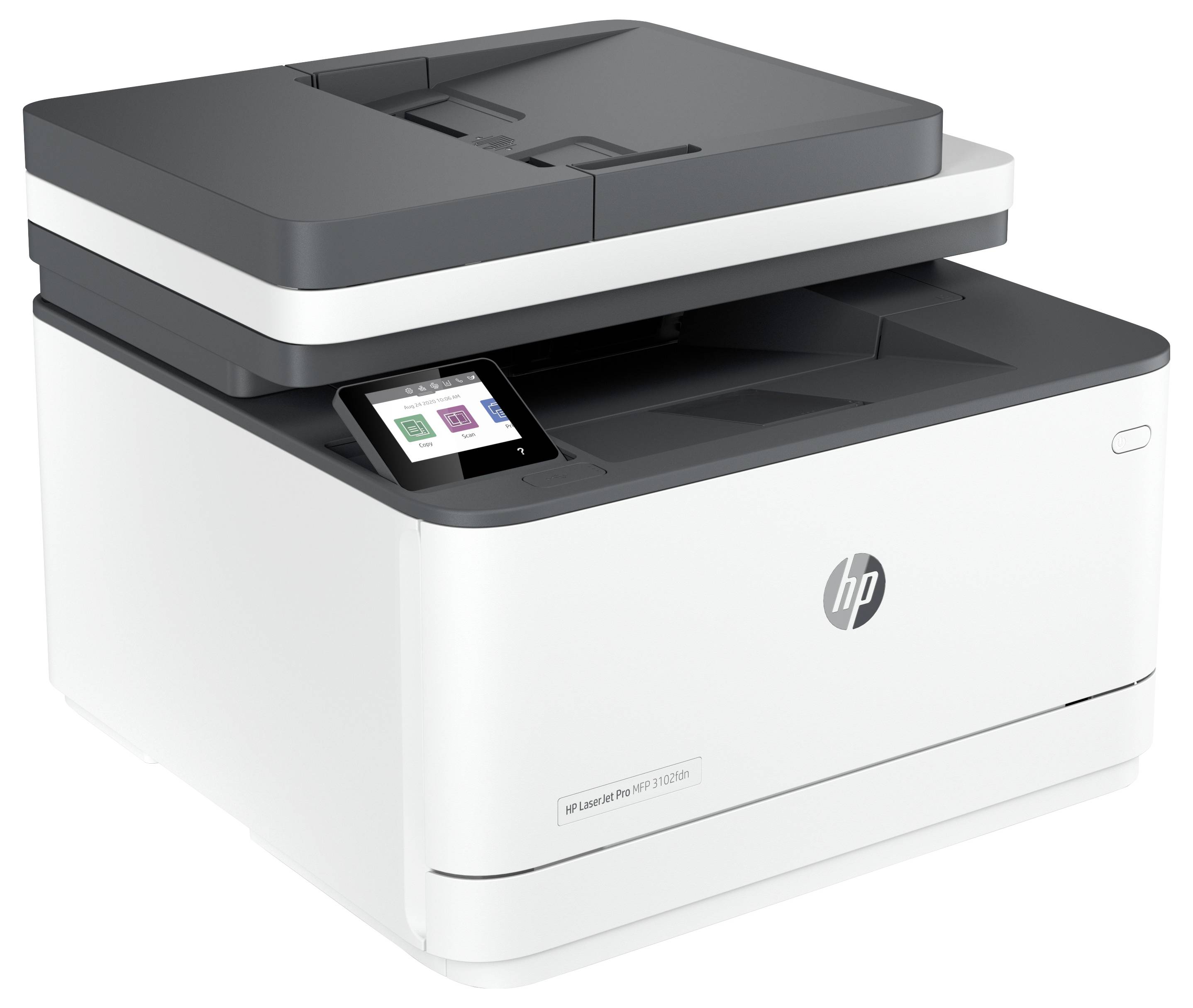 HP multifunction laser printer with flatbed scanner and touchscreen control panel, shown in white and dark gray on a plain background.