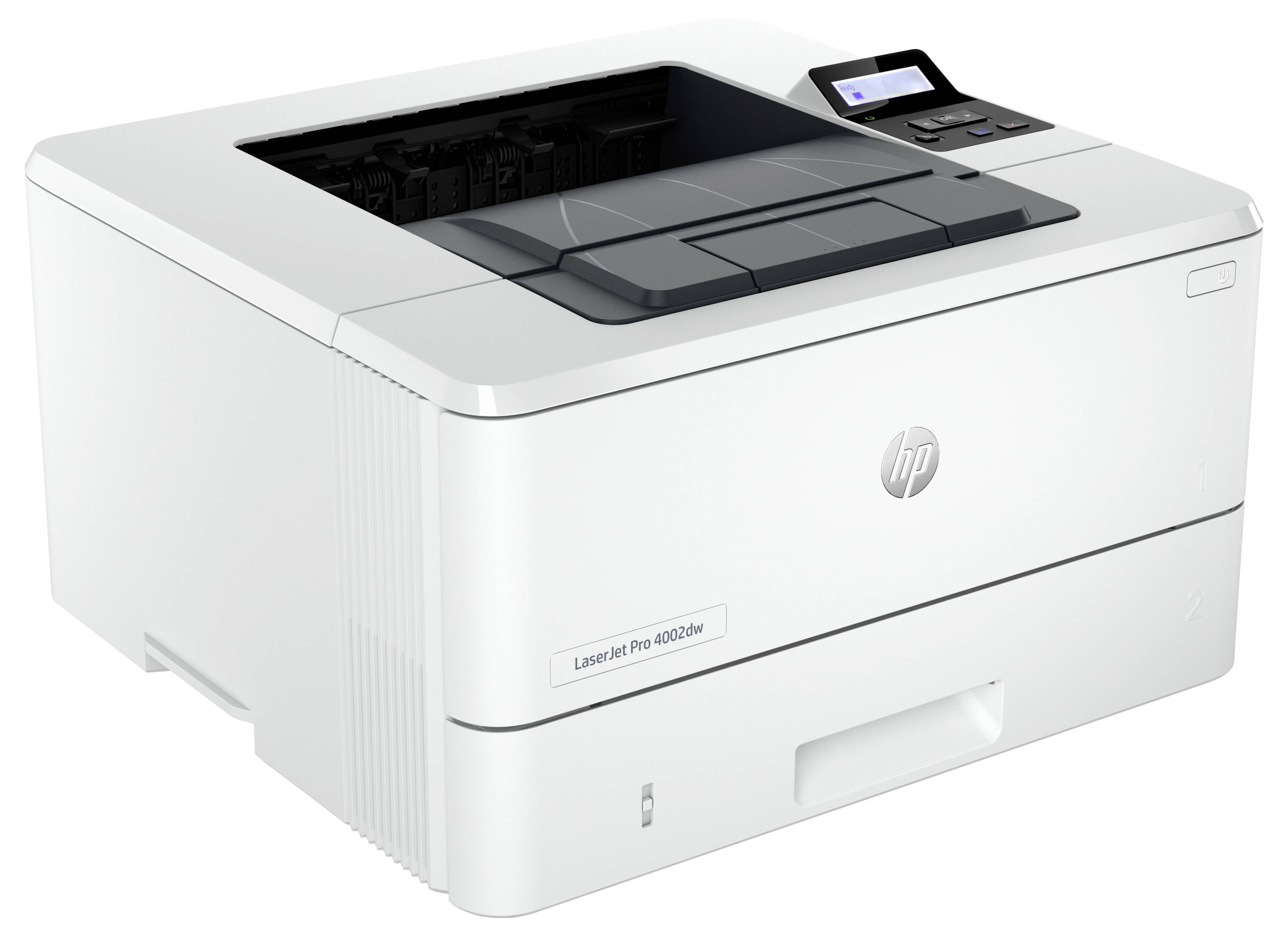 White HP LaserJet Pro printer with top paper tray, control panel, and front output tray.