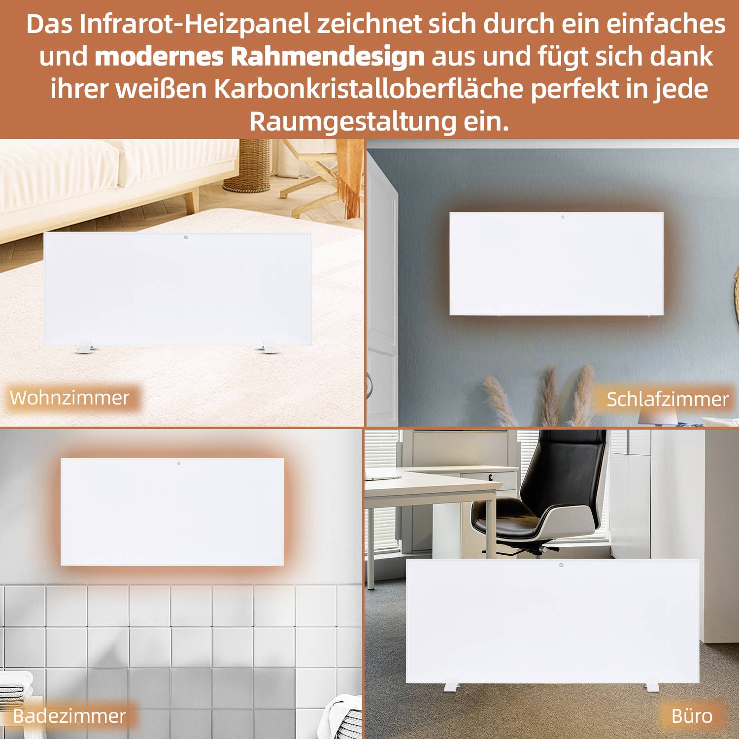 The illustration depicts three rooms with infrared heating panels in the living room, bedroom, and home office. The text emphasises the frameless design.