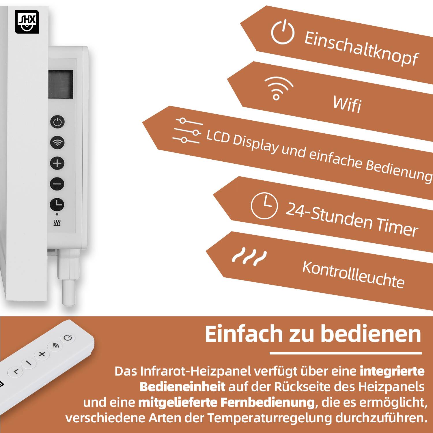 'Heating panel with integrated thermostat and remote control. Functions: Wi-Fi, LCD display, 24-hour timer, indicator light.'
