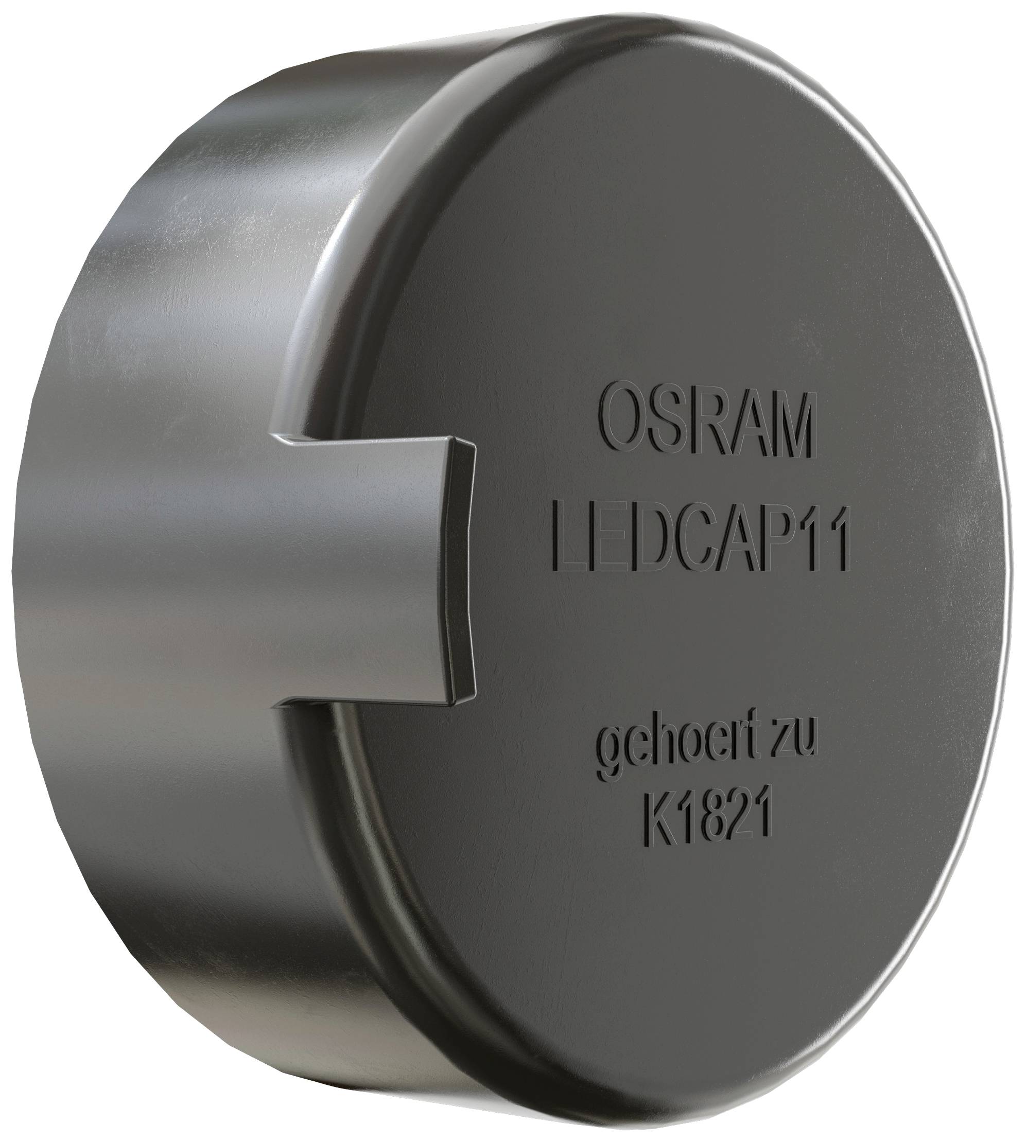 'OSRAM LEDCAP11' text embossed on round, metallic object, protruding from the side.