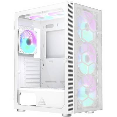 A white PC case with three illuminated fans at the front and one at the rear. The fans light up in different colours.