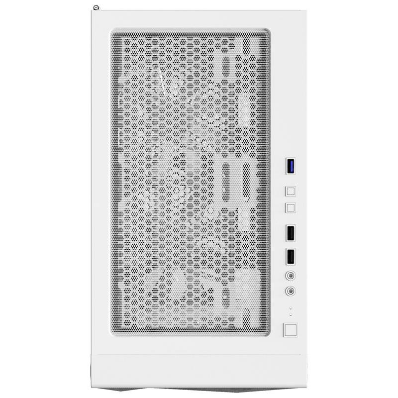 White computer case with perforated front panel, side ports, and buttons.