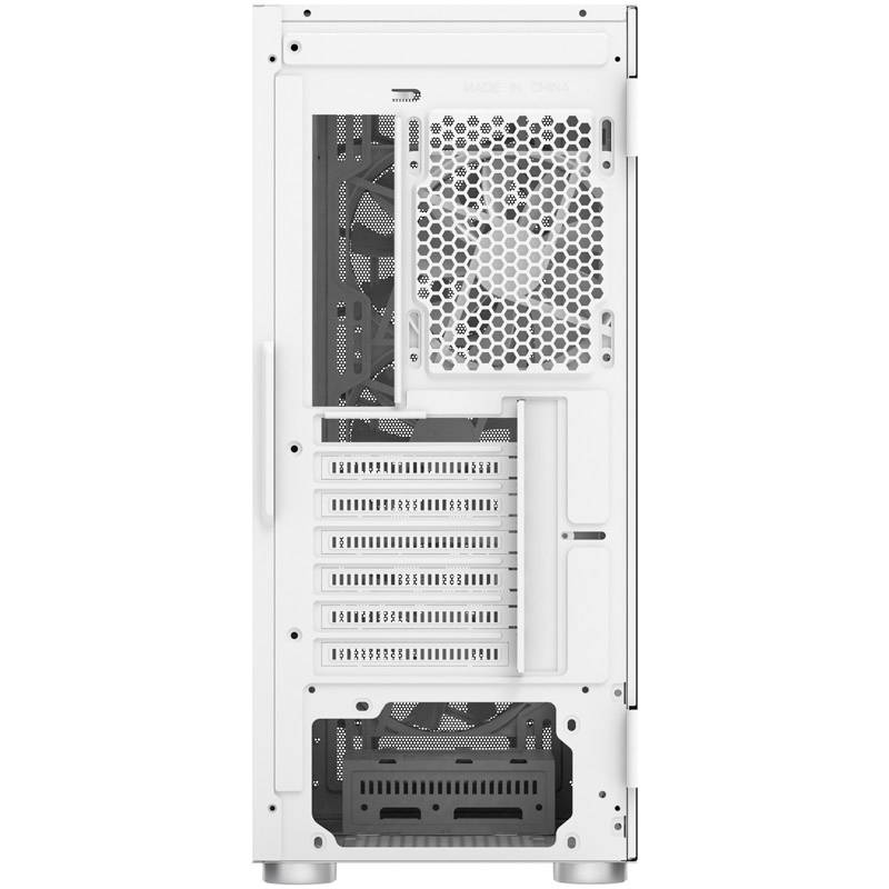 White computer case from the rear, showing fan space, expansion slots, and power connection sockets.